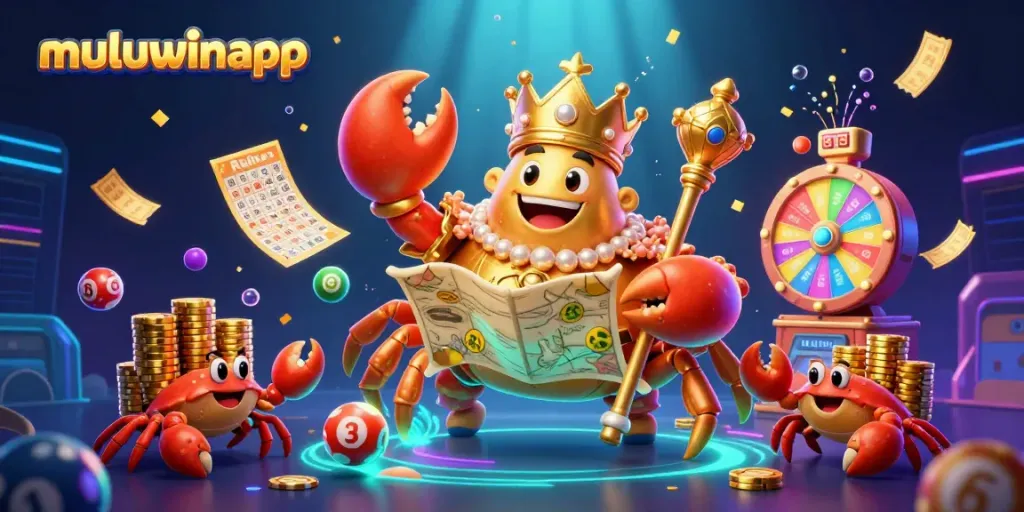 Experience the excitement of muluwinapp with vibrant illustrations of a golden crab emperor and dynamic gaming elements.