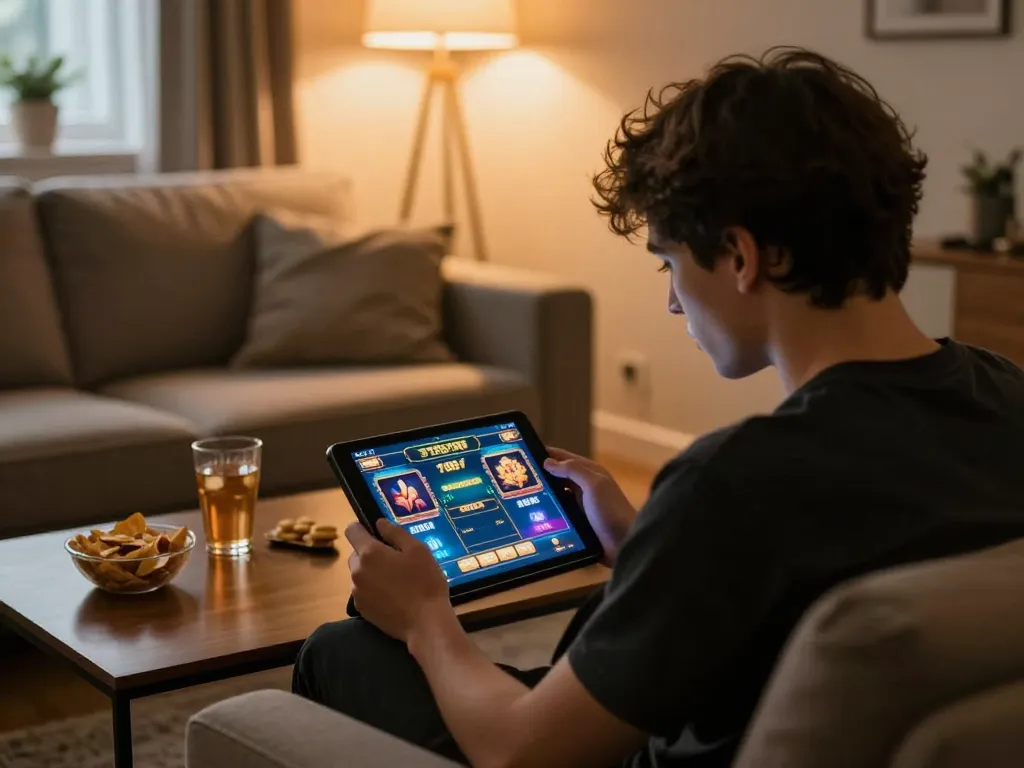 Person enjoying the 789f game on a tablet at home, relaxed in a cozy living room.