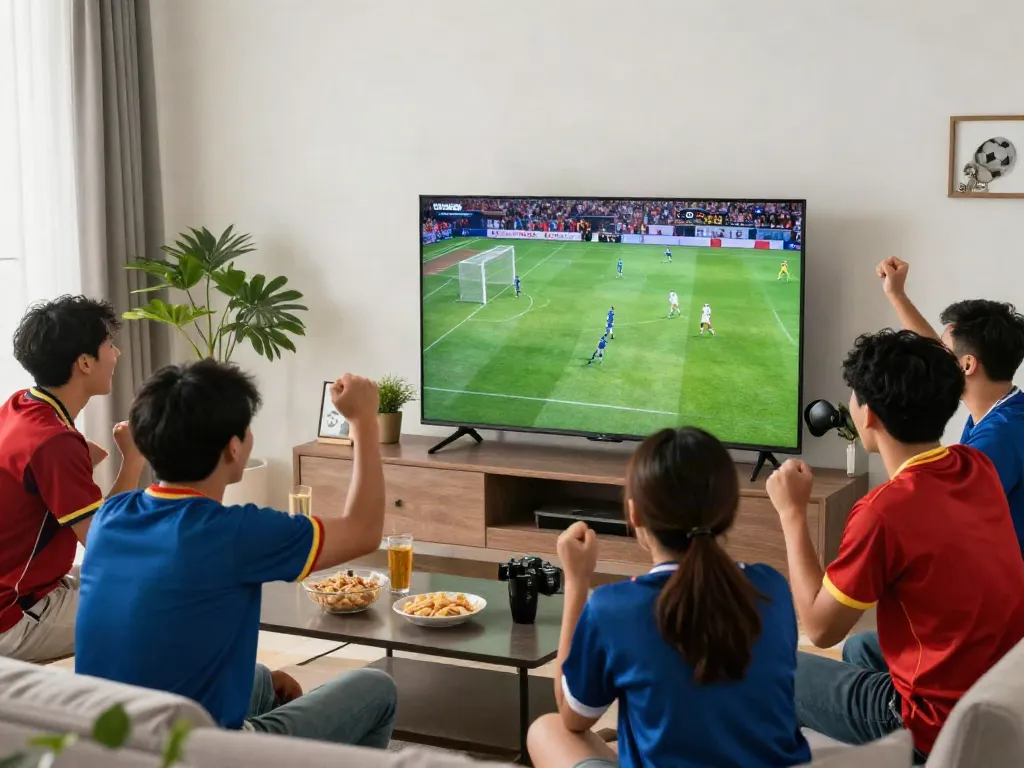 Fans cheering for gà vàngtv during an exciting football match in a lively living room.