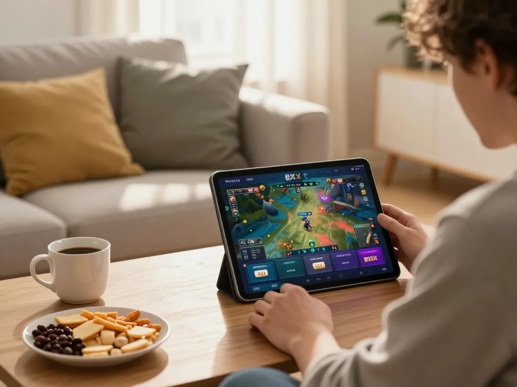 Player enjoying online gaming at nhà cái 8XX with immersive tablet interface and cozy ambiance.