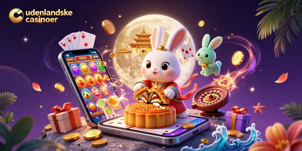 Engage with udenlandske casinoer as the moon rabbit reveals poker chips from mooncakes in a vibrant casino scene.