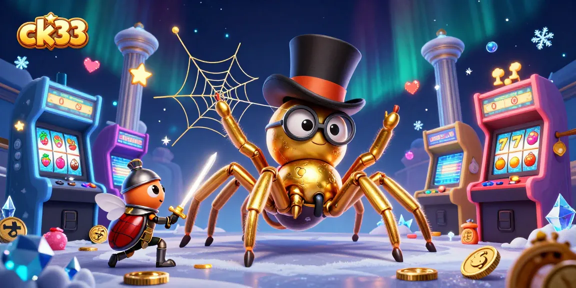 Engage with ck33 gaming excitement featuring a golden tarantula, beetle knight, and vibrant casino elements.