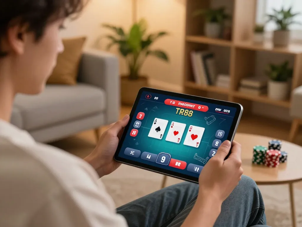 Player enjoying poker on tablet at home, showcasing strategic gaming with TR88.