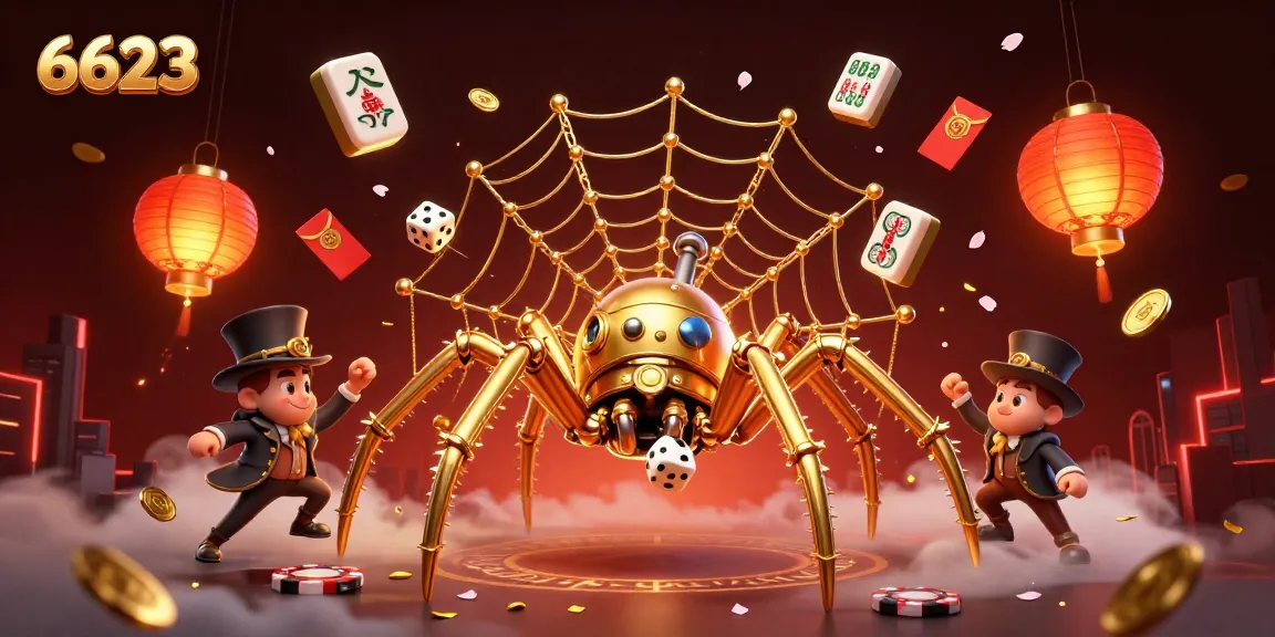 Experience thrilling gameplay at 6623 with a vibrant 3D illustration of a steampunk spider and entertainment elements.