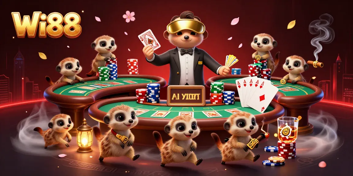 Wi88 challenges players in a vibrant casino run by meerkats with poker chips and cards.