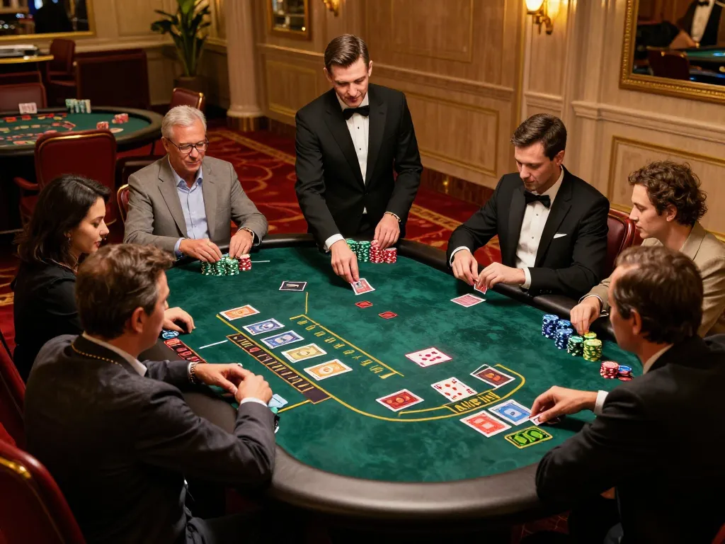 Players at 98win's blackjack table strategizing their next move in a luxurious casino atmosphere