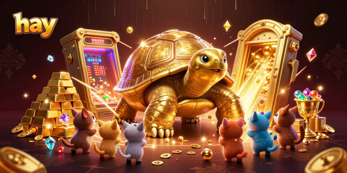 Engaging illustration with golden tortoise arcade featuring hay, treasure vault, and vibrant casino elements.