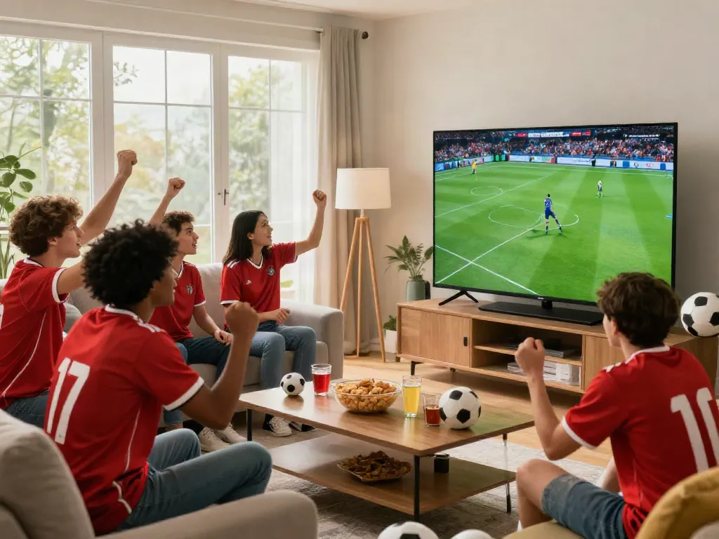 Fans enjoying a match on thapcamtv.ac in a lively living room.