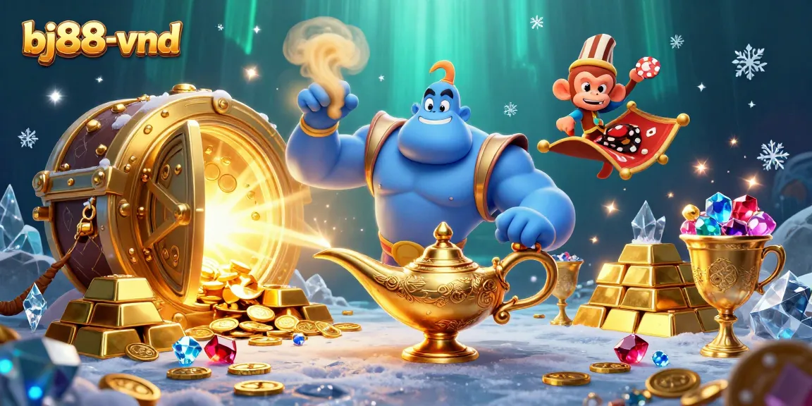 Experience thrilling wins at bj88-vnd with a vibrant, magical casino-themed illustration full of treasure and excitement.