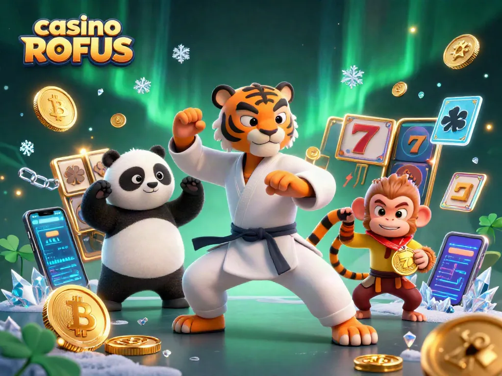 Experience the excitement of casino uden ROFUS with a trio of animated characters and dynamic 3D elements.