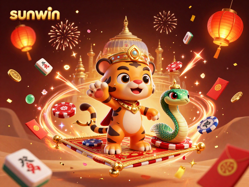 Experience excitement at sunwin with a vibrant 3D casino scene featuring a tiger sultan and magical elements.