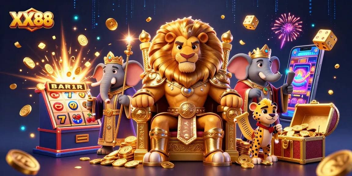 Experience winning at XX88 with a vibrant 3D casino scene featuring a majestic lion king and exciting game elements.