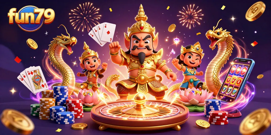 Experience the excitement of fun79 with a vibrant casino scene featuring golden treasures and iconic gambling elements.