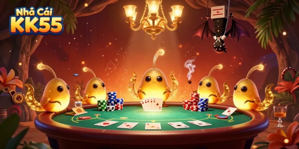 Play poker at Nhà Cái KK55 with colorful glowworms illuminating a vibrant cave casino atmosphere.