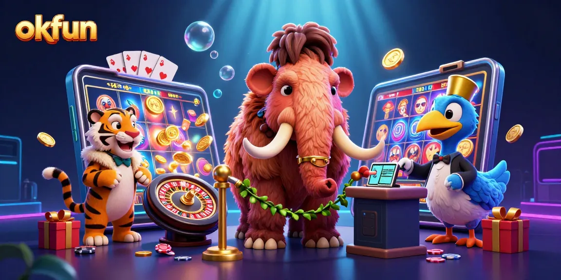Spin slot games with okfun in a vibrant, cartoon-style casino featuring a woolly mammoth and a saber-tooth tiger.