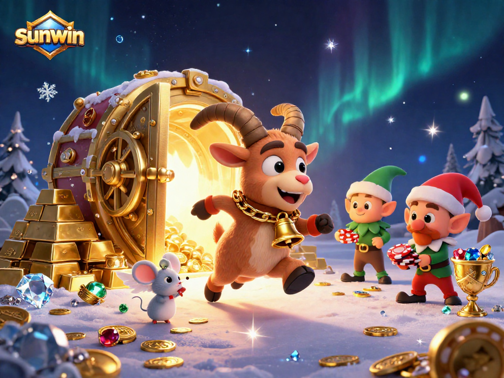 sunwin players enjoying a lively casino scene with Krampus goat and festive elements while competing for chips