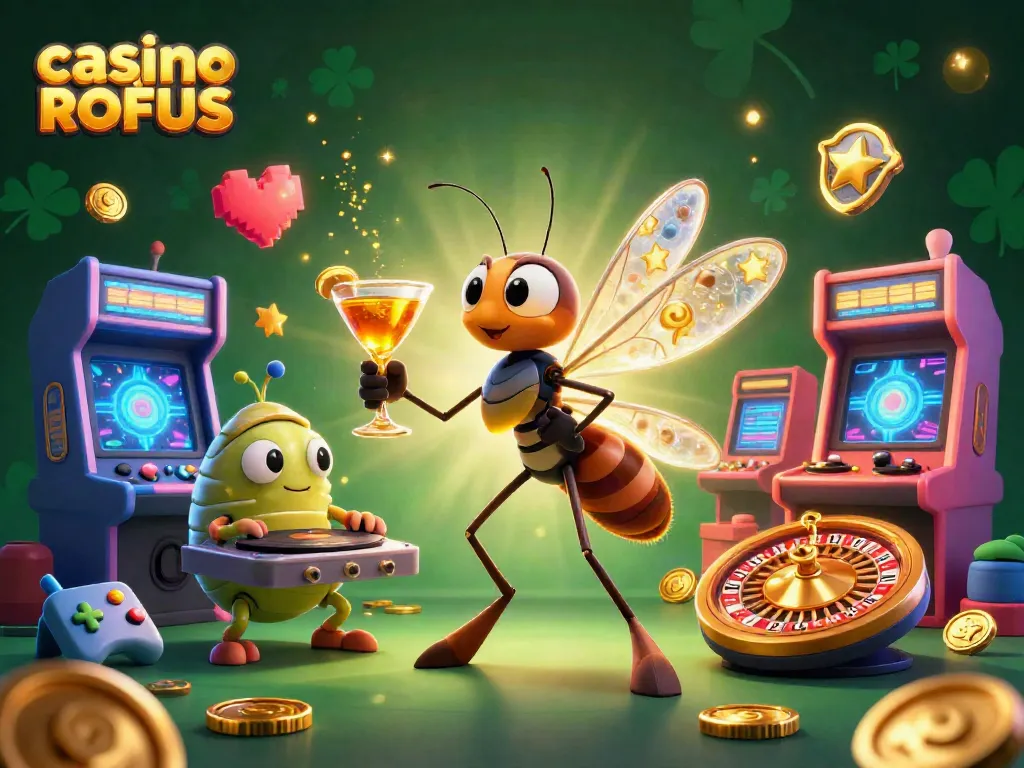Experience the excitement of casino uden ROFUS with a lively 3D illustration of a mosquito mascot and characters.
