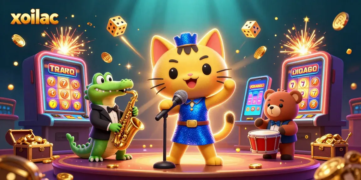 Xoilac showcases a vibrant 3D casino scene with playful characters celebrating a jackpot win.