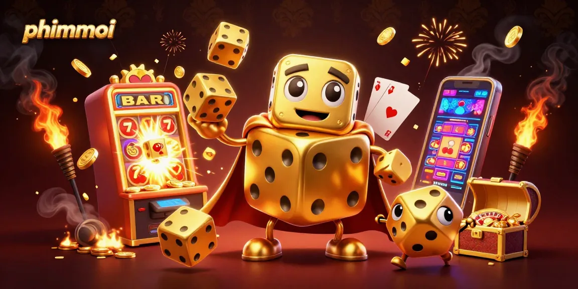 Experience phimmoi with this vibrant casino-themed illustration featuring golden dice and slot machines.