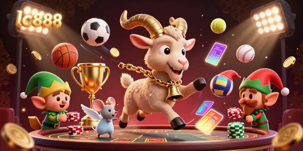 Experience the thrilling atmosphere of lc888 with a festive casino scene featuring whimsical characters and dynamic gaming elements.