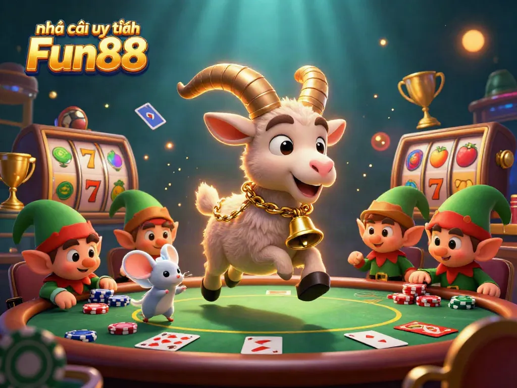 Engaging scene showcasing Nhà cái uy tín Fun88 with Krampus, a mouse, and gremlins amidst casino excitement.