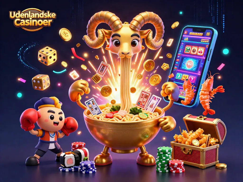 Exciting scene showcasing udenlandske casinoer with a giant ramen bowl, vibrant casino elements, and dynamic characters.