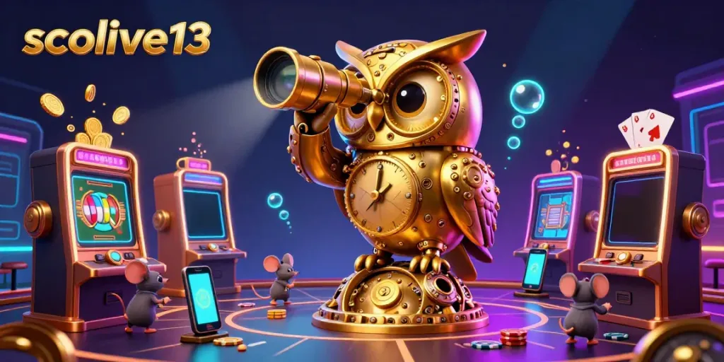 Socolive13 theme with a cartoon golden owl overseeing a lively casino floor packed with animated sports betting elements, coin eruptions, and gaming devices.