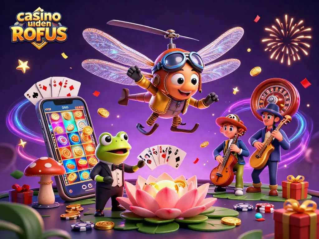 Catching winning odds at casino uden ROFUS with vibrant characters and exciting game elements in a colorful 3D scene.