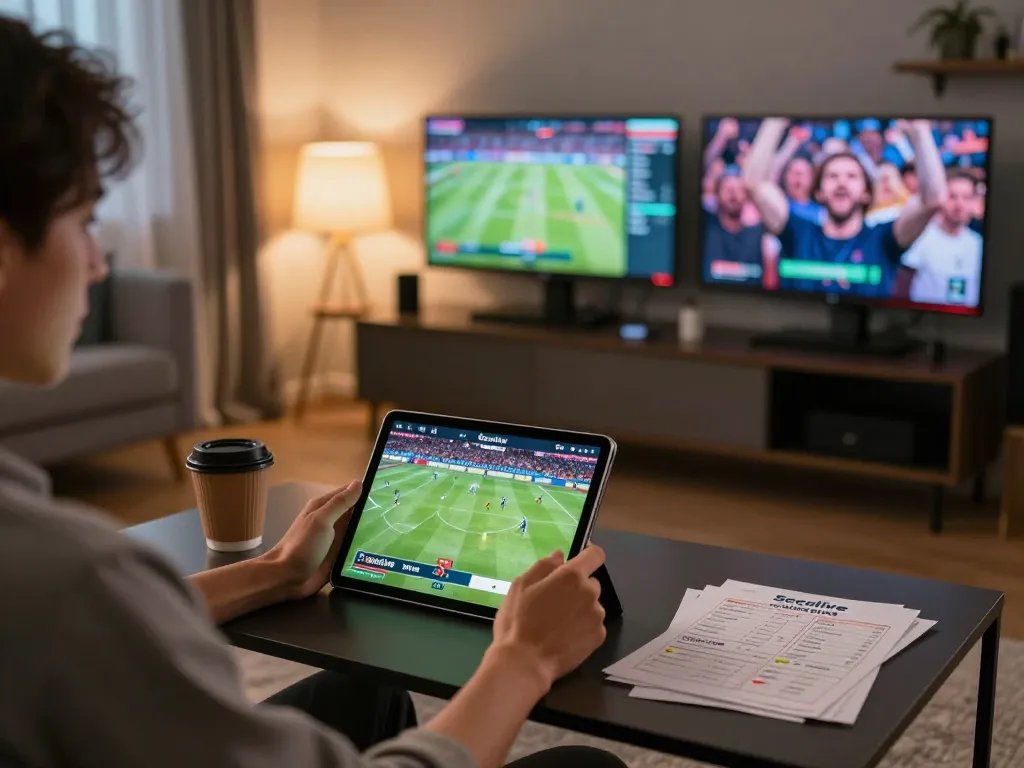 Socolive trực tiếp streaming on a tablet, creating an engaging online sports betting experience in a cozy home setup.