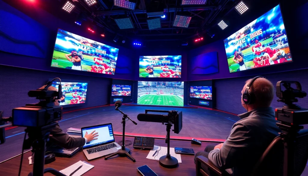 Engaging scene of sports broadcasting with an announcer, screens displaying live events.