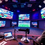 Engaging scene of sports broadcasting with an announcer, screens displaying live events.