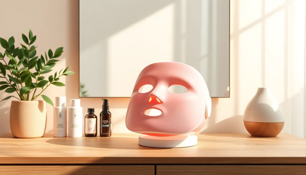Infrared mask displayed on a serene vanity, showcasing modern skincare technology for home use.
