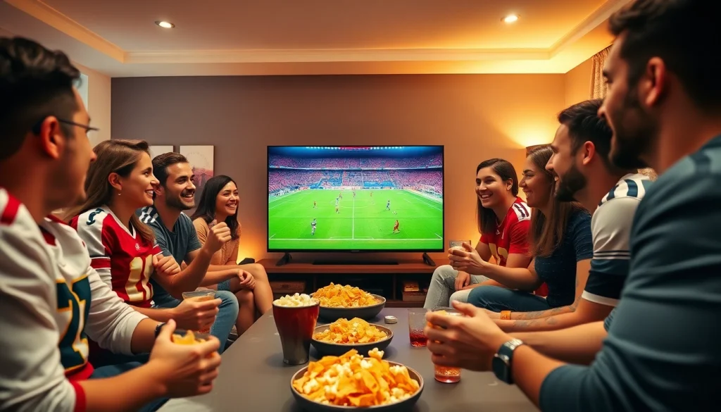 Excited friends watching a live football match from https://cakhiatv.feedback/ during a lively home viewing party.