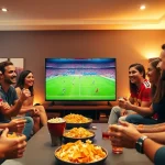 Excited friends watching a live football match from https://cakhiatv.feedback/ during a lively home viewing party.