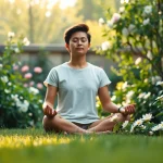 Explore vital mental health tips through a serene meditation scene in a tranquil garden.