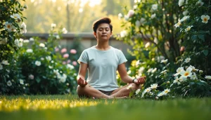Explore vital mental health tips through a serene meditation scene in a tranquil garden.