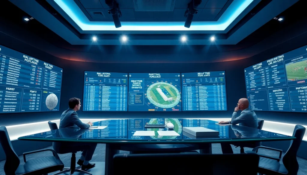 Tỷ lệ kèo nhà cái displayed in a modern sports analysis studio with real-time updates.