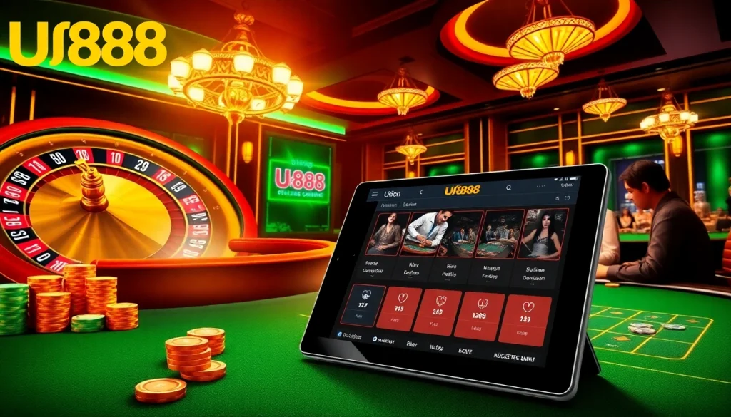Winning at U888's vibrant online casino with colorful chips and a roulette wheel.