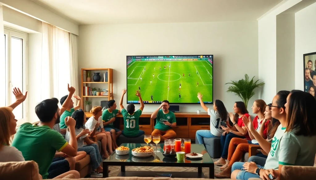 Xoilac TV live football match in a lively living room setting