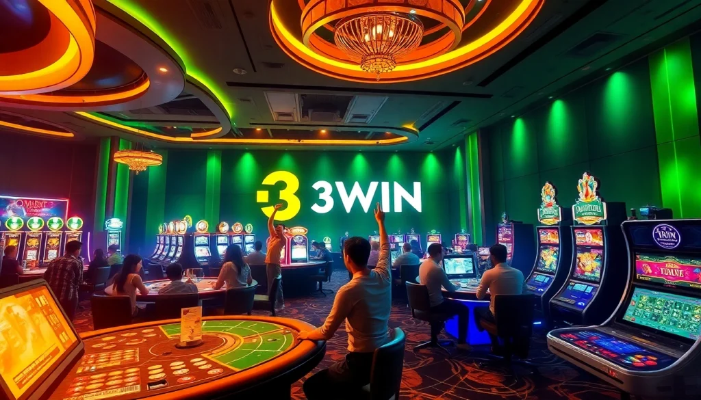 3WIN gaming environment showcasing vibrant players, high-tech games, and dynamic casino ambiance.
