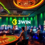 3WIN gaming environment showcasing vibrant players, high-tech games, and dynamic casino ambiance.