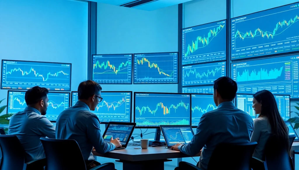 Kryptovaluta kurser displayed on high-tech screens in a modern office.