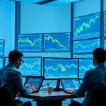 Kryptovaluta kurser displayed on high-tech screens in a modern office.