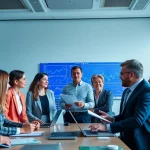 Dynamic financial office scene illustrating facts related to faktafinans.se with engaged professionals.