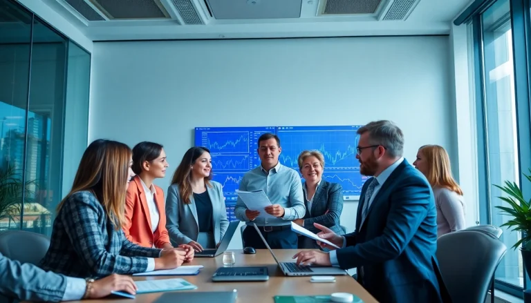 Dynamic financial office scene illustrating facts related to faktafinans.se with engaged professionals.