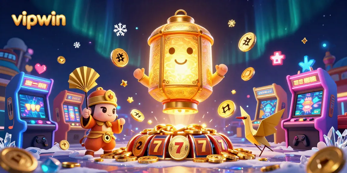 Engage with vipwin's vibrant casino illustration, showcasing a golden lantern spirit and lucky symbols.