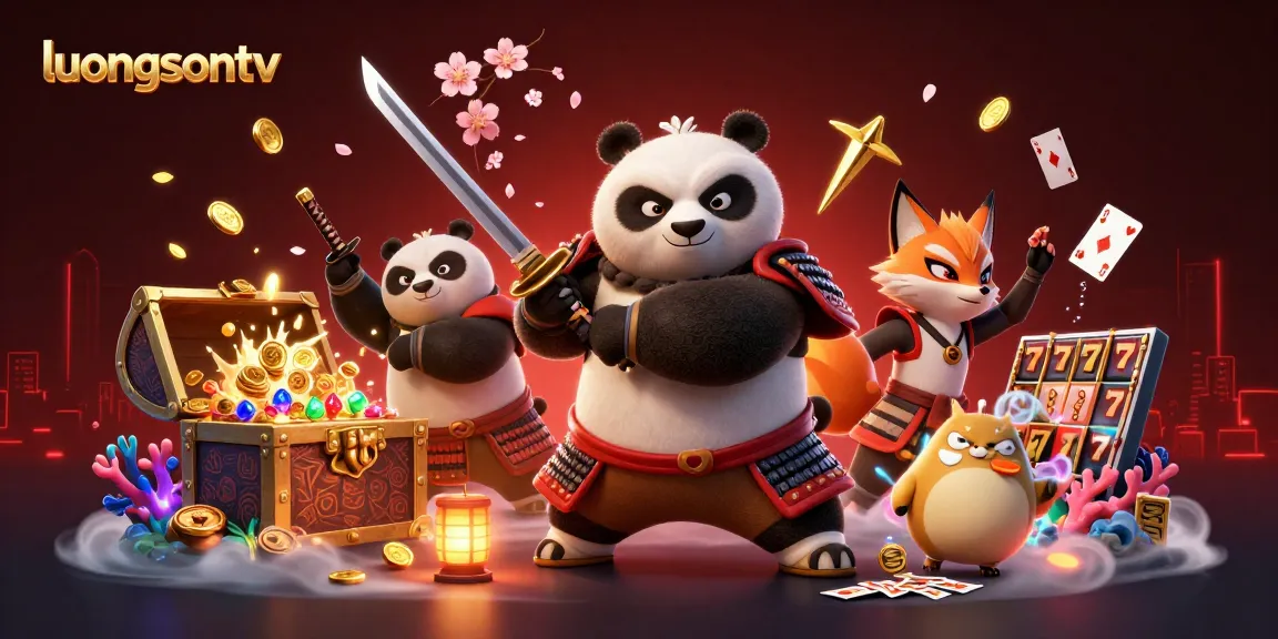 luongsontv showcases an action-packed casino scene with a samurai panda amidst gold coins and slot elements