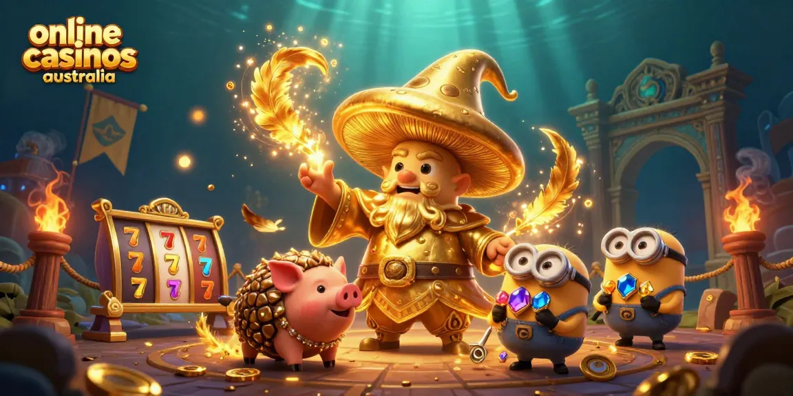 Win big at online casinos Australia with a magical mushroom wizard and enchanting treasure hunt illustration.